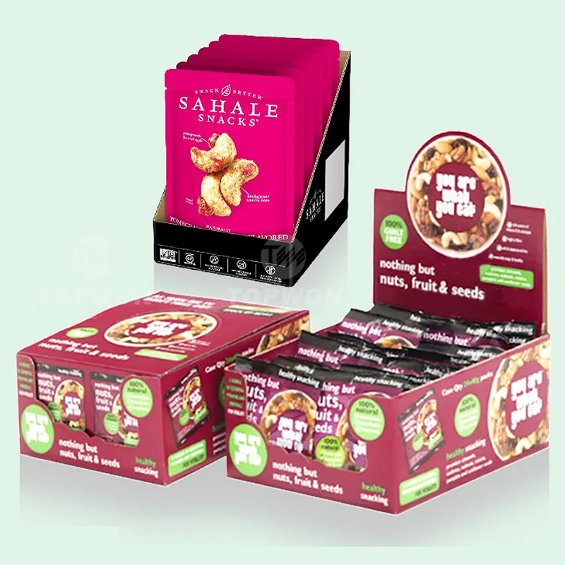 Holidaypacfactory point of sale perforated snack display boxes side support view