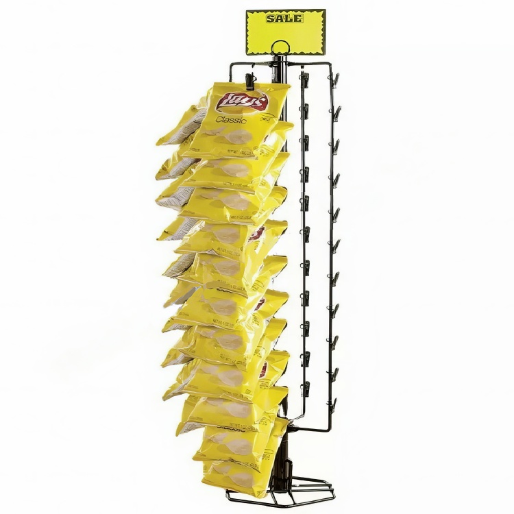 Rotating Metal Wire Potato Chips Display Rack Floor Standing Chip Snack Rack Clip Display for Supermarket