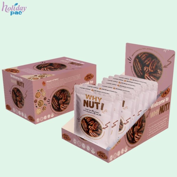 Custom Shelf Ready Packaging with Tear Top & Tuck In Lid for Nut Pouches