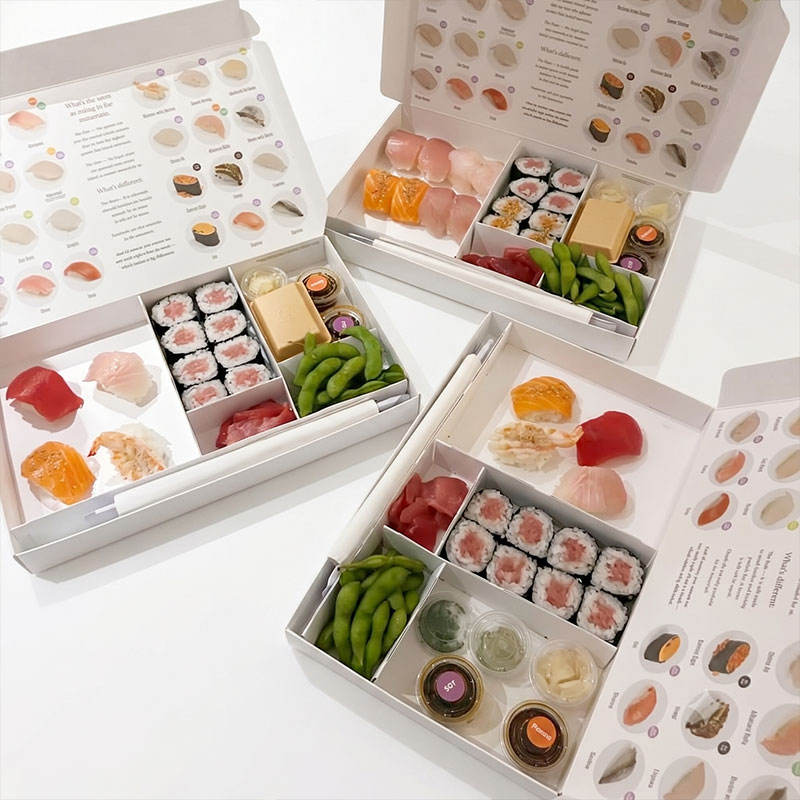 Holidaypacfactory custom printed paper sushi bento box menu lid and multi box display
