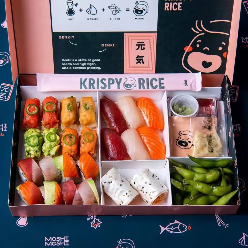 Holidaypacfactory sushi bento box with sauce cups edamame and printed brand panel