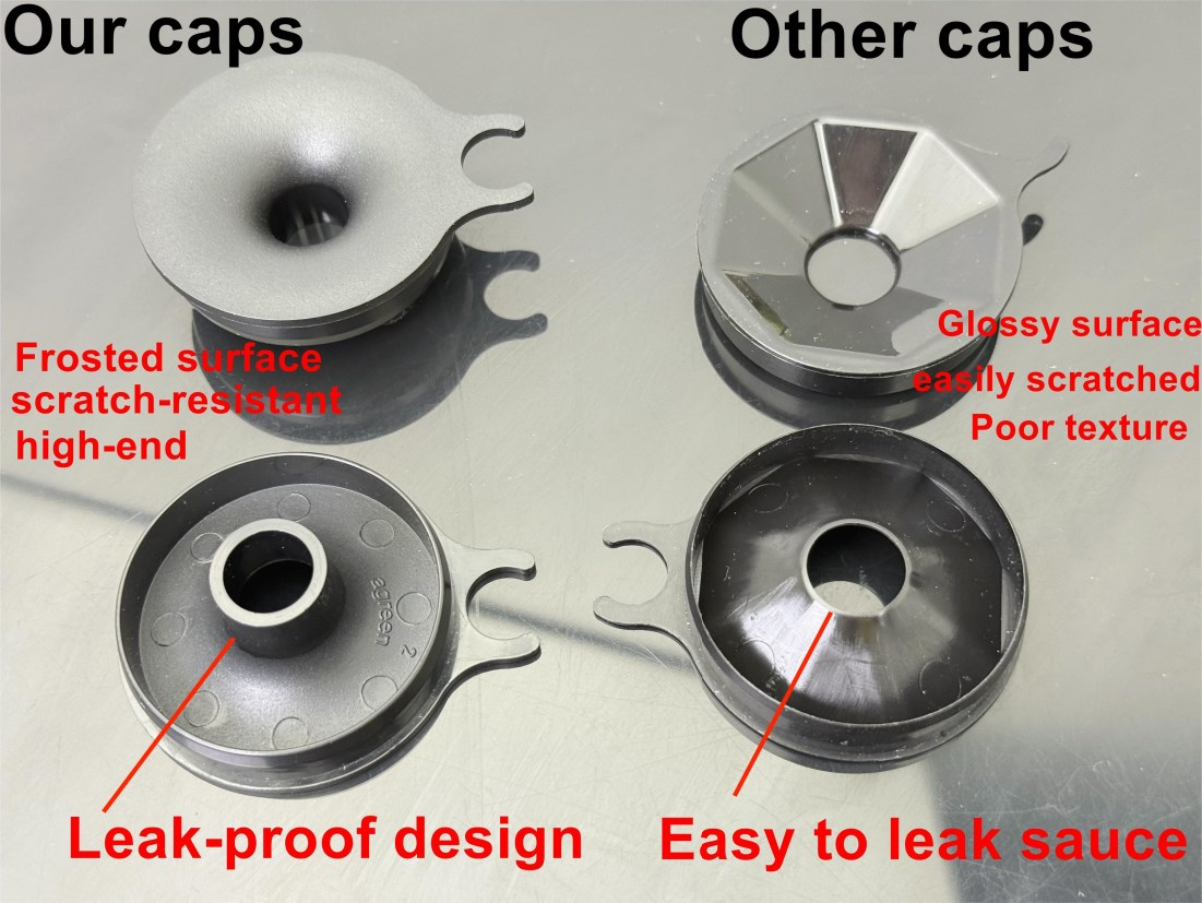 Frosted leak-proof ABS cap vs glossy easily-scratched cap with poor sealing