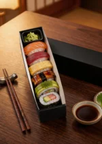 Custom sushi packaging box with matte black soft-touch finish and gold foil logo - Holidaypac Factory