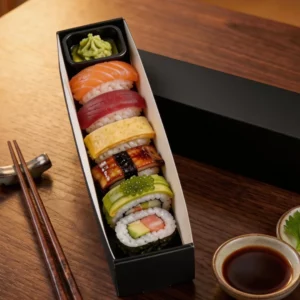 Custom sushi packaging box with matte black soft-touch finish and gold foil logo - Holidaypac Factory