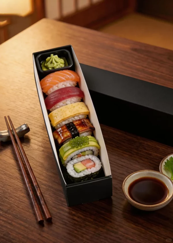 Custom sushi packaging box with matte black soft-touch finish and gold foil logo - Holidaypac Factory