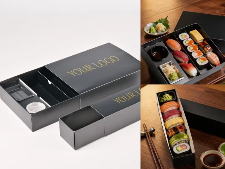 Custom sushi packaging box with matte black soft-touch finish and gold foil logo - Holidaypac Factory