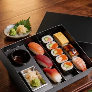 Premium black multi-compartment sushi bento box with assorted sushi rolls, salmon nigiri, soy sauce cup, wasabi and pickled ginger - Holidaypacfactory custom sushi packaging