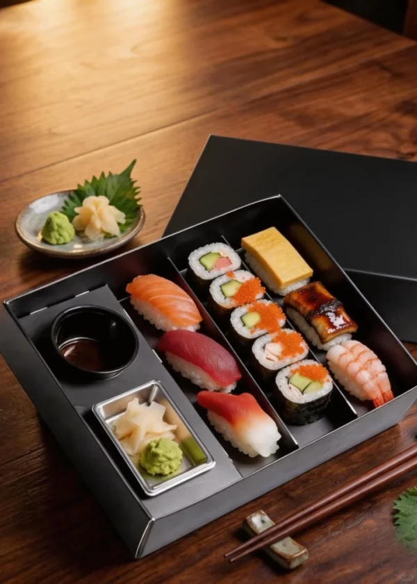 Premium black multi-compartment sushi bento box with assorted sushi rolls, salmon nigiri, soy sauce cup, wasabi and pickled ginger - Holidaypacfactory custom sushi packaging