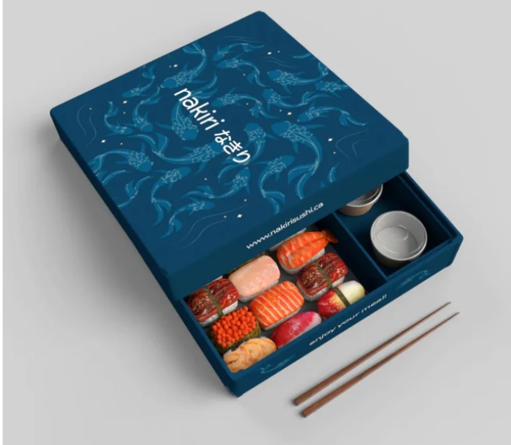 Eco-friendly dark blue custom sushi box with bento divider compartments - sustainable Japanese food packaging wholesale