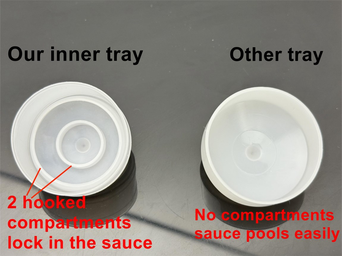 Inner tray with 2 hooked compartments vs no compartments sauce pools