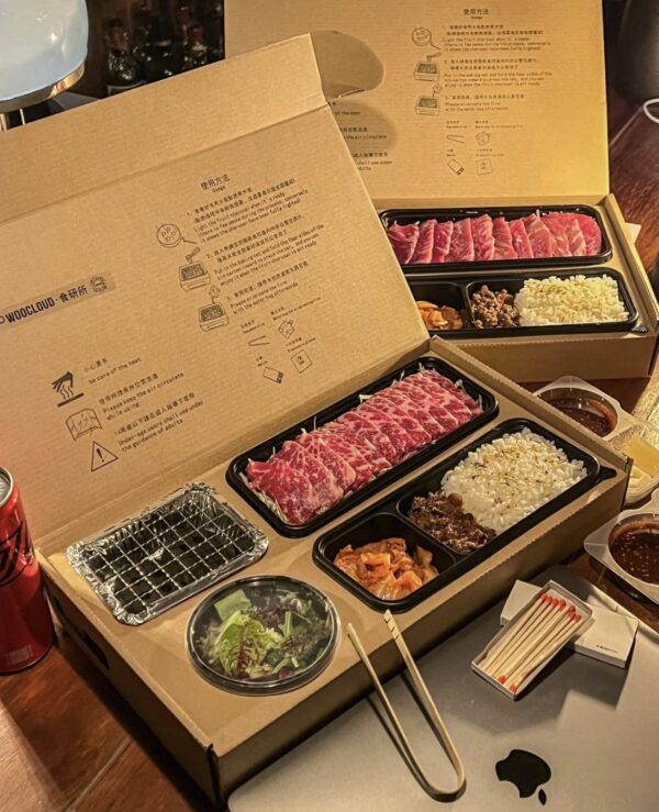 Korean BBQ to-go set with portable grill marbled beef kimchi rice and instructions - Holidaypac premium takeaway picnic box