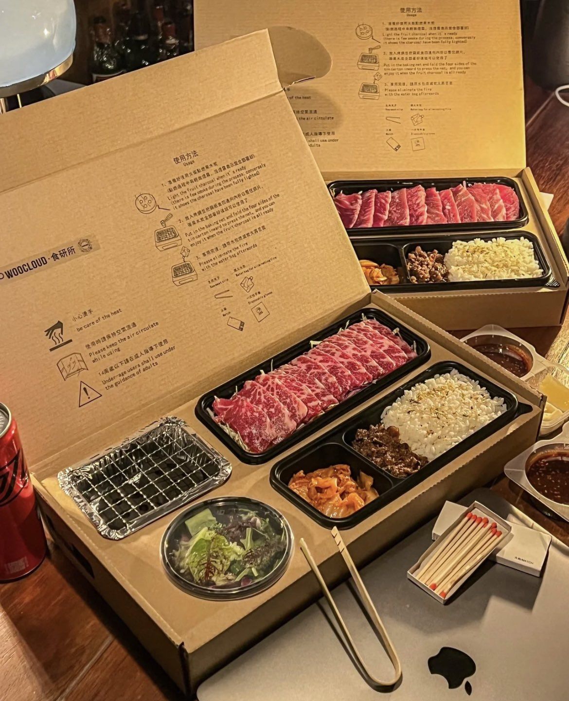 Korean BBQ to-go set with portable grill, marbled beef, kimchi, rice and instructions — Holidaypac premium takeaway picnic box