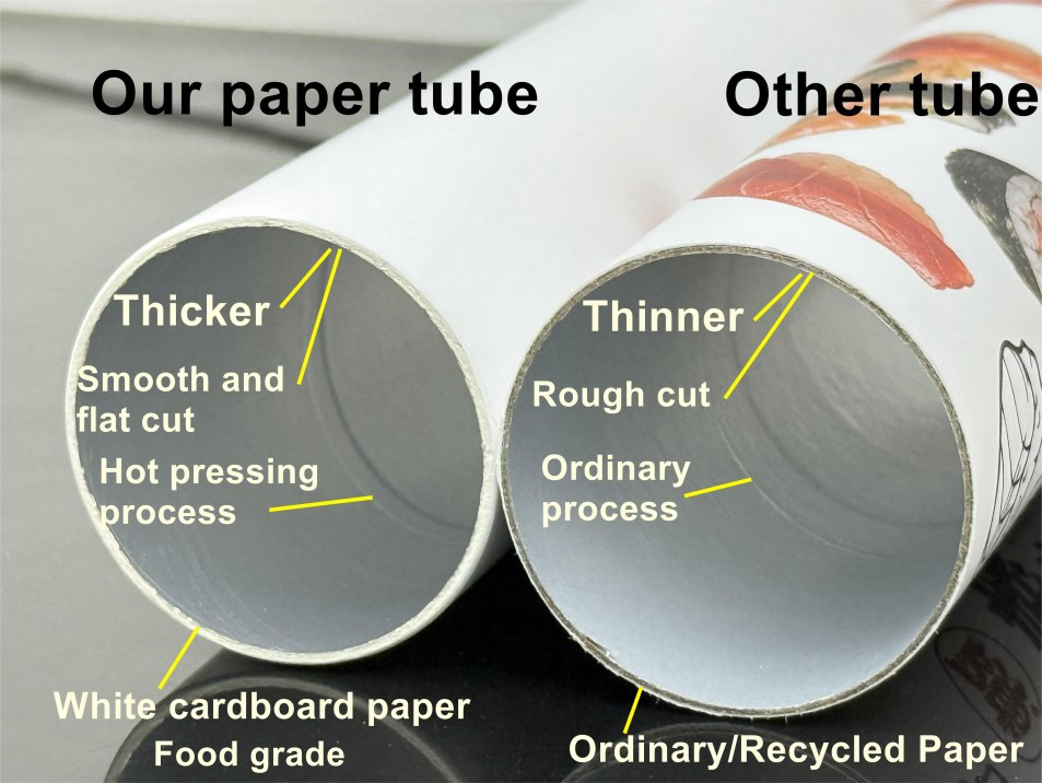 Holidaypac food-grade white cardboard sushi tube vs ordinary recycled paper tube comparison