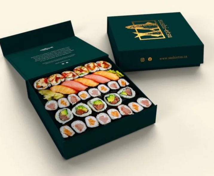 Premium dark green magnetic sushi take away box with gold foil printing for restaurants - wholesale sushi packaging supplier