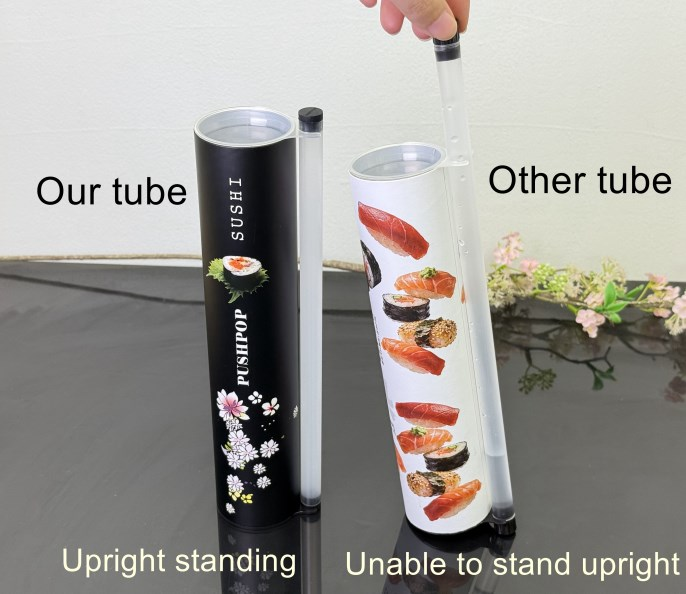 Holidaypac sushi tube stands upright vs other tube unable to stand upright
