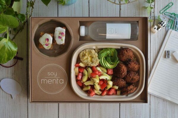 Soy menta vegan picnic meal prep box with falafel hummus avocado and salad - eco-friendly bento packaging by Holidaypac