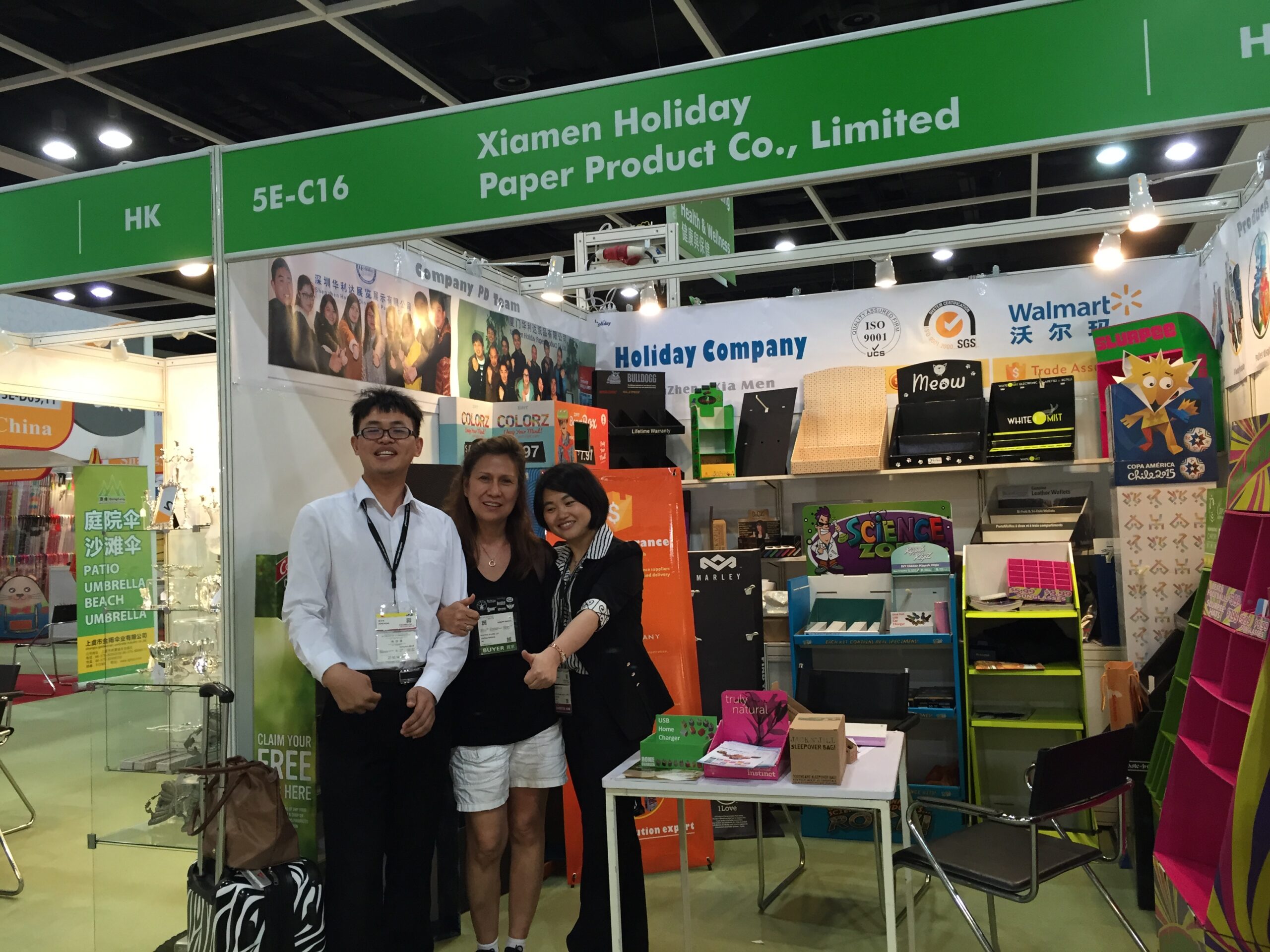 Xiamen Holiday Paper Product Co. trade show booth showcasing cardboard pop display range to international buyers