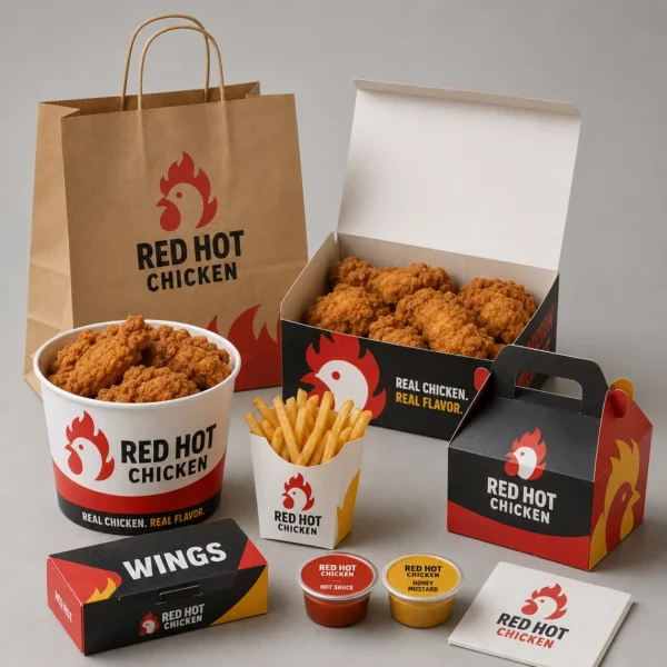 Holidaypacfactory custom red hot chicken takeaway box fries carton paper bowl bag and sauce cup packaging set