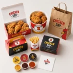 Holidaypacfactory fast food packaging set with chicken bucket fries carton burger box sauce cups and paper bag