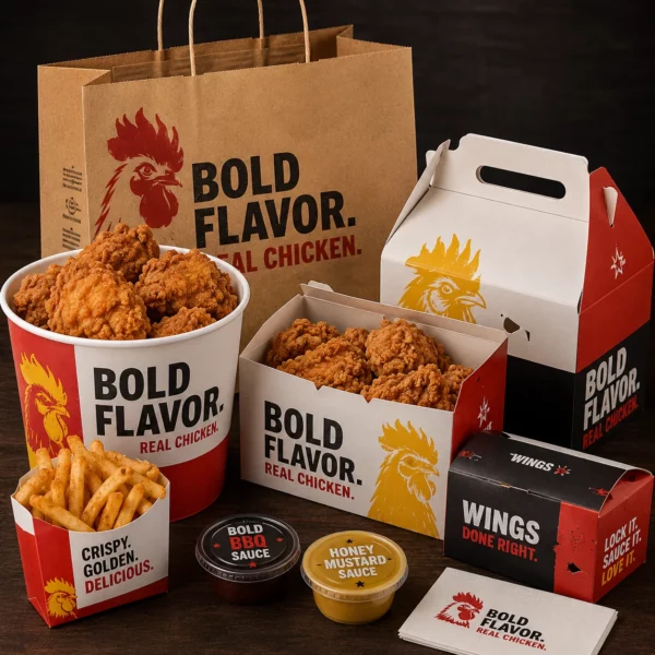 Holidaypacfactory bold printed takeaway chicken wing box fries cup paper bowl and kraft paper bag packaging