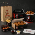 Holidaypacfactory black red custom fast food packaging set for fried chicken fries sauce and napkin