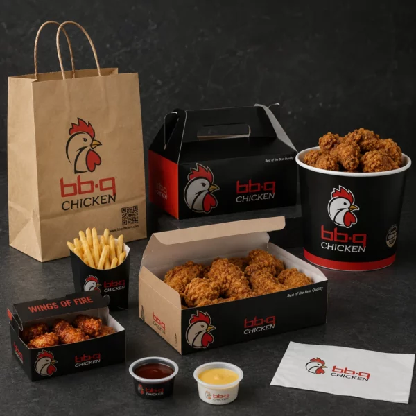 Holidaypacfactory black red custom fast food packaging set for fried chicken fries sauce and napkin