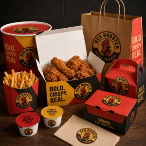 Holidaypacfactory custom fried chicken paper box fries cup takeaway bag and sauce cup packaging display