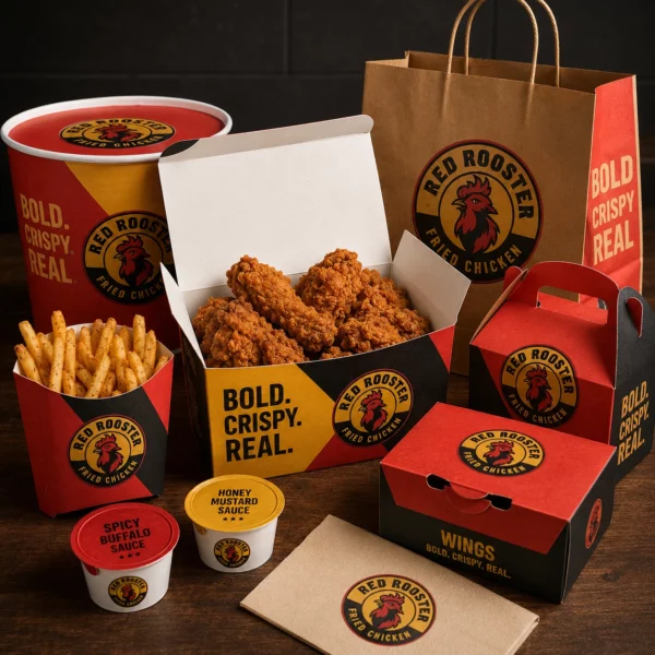 Holidaypacfactory custom fried chicken paper box fries cup takeaway bag and sauce cup packaging display
