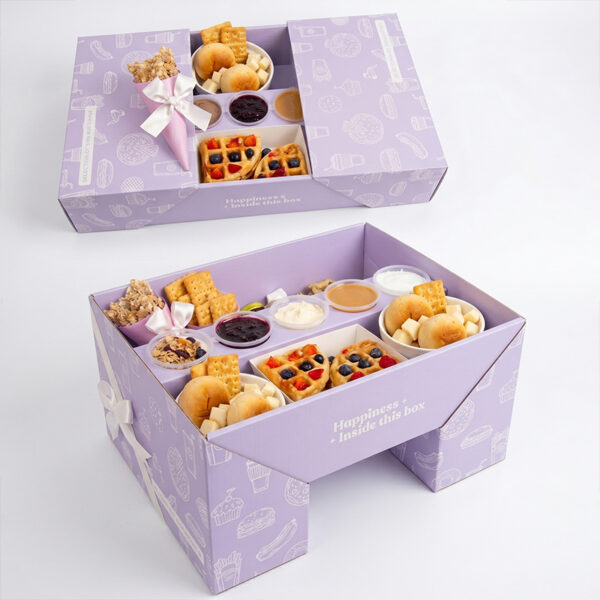 Holidaypacfactory stand up picnic box afternoon tea layout with multi compartment paper display structure