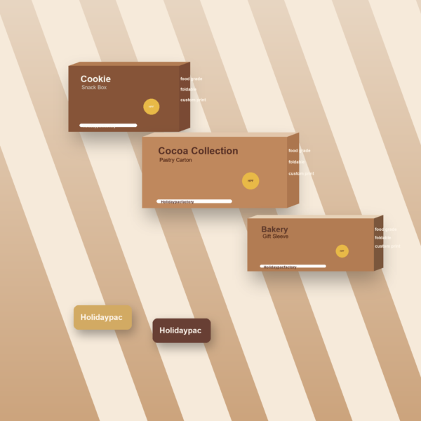 Holidaypacfactory chocolate pastry flatlay bakery packaging display with premium cookie cartons