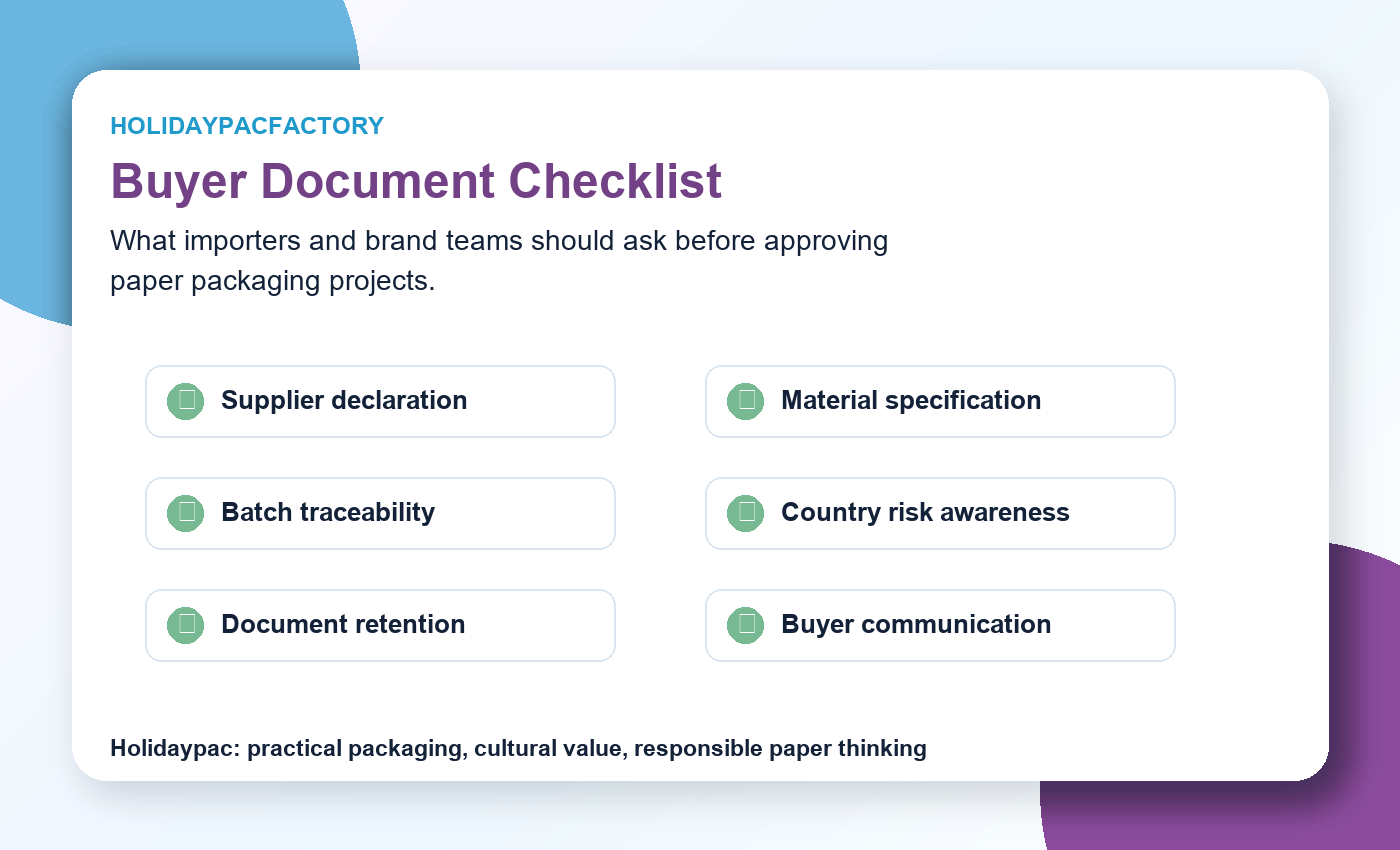Holidaypacfactory holidaypac factory EUDR paper packaging traceability for food boxes bags and retail displays buyer document checklist