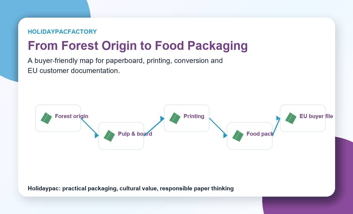 Holidaypacfactory holidaypac factory EUDR paper packaging traceability for food boxes bags and retail displays paper packaging supply chain map
