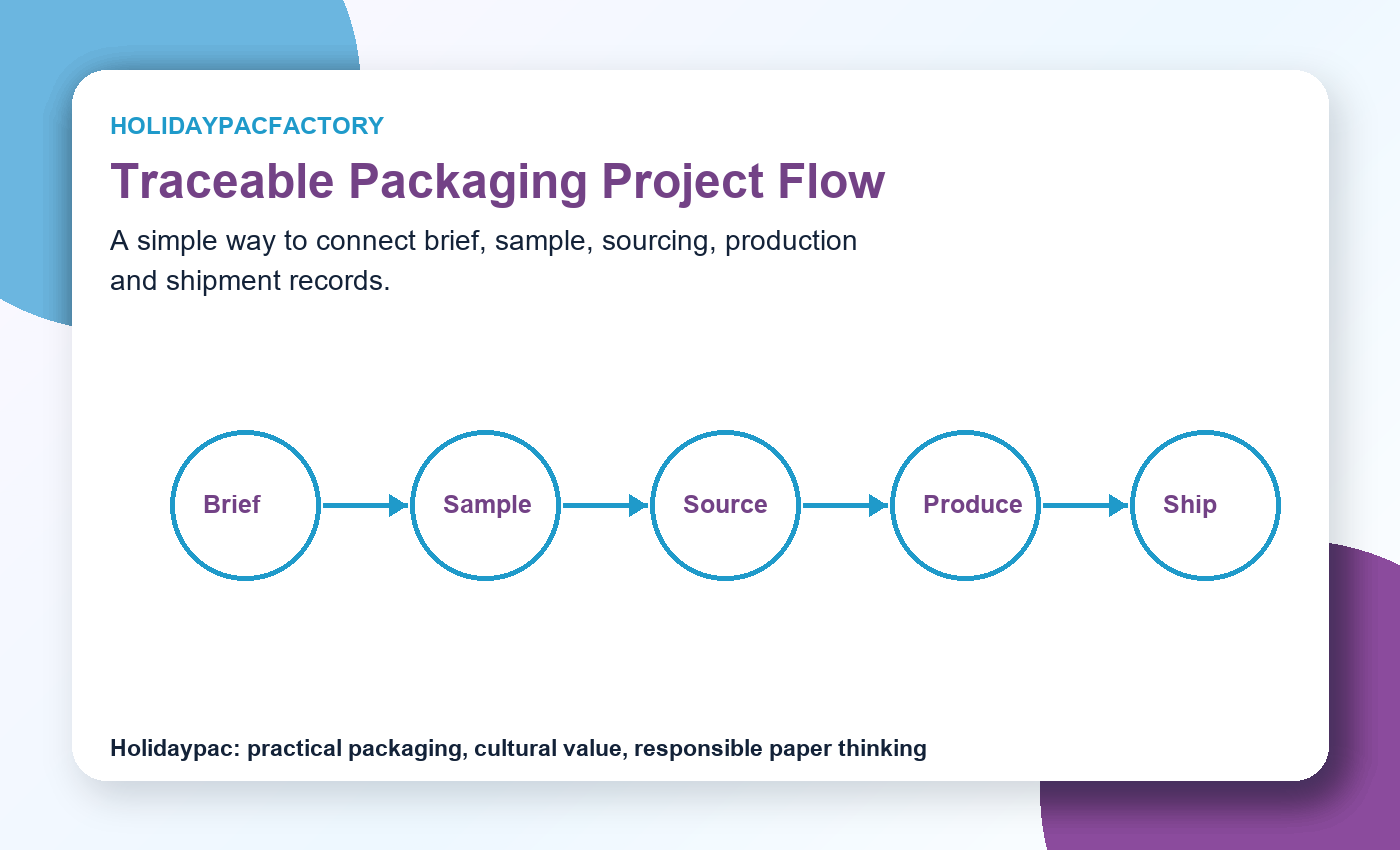 Holidaypacfactory holidaypac factory EUDR paper packaging traceability for food boxes bags and retail displays traceable packaging project flow