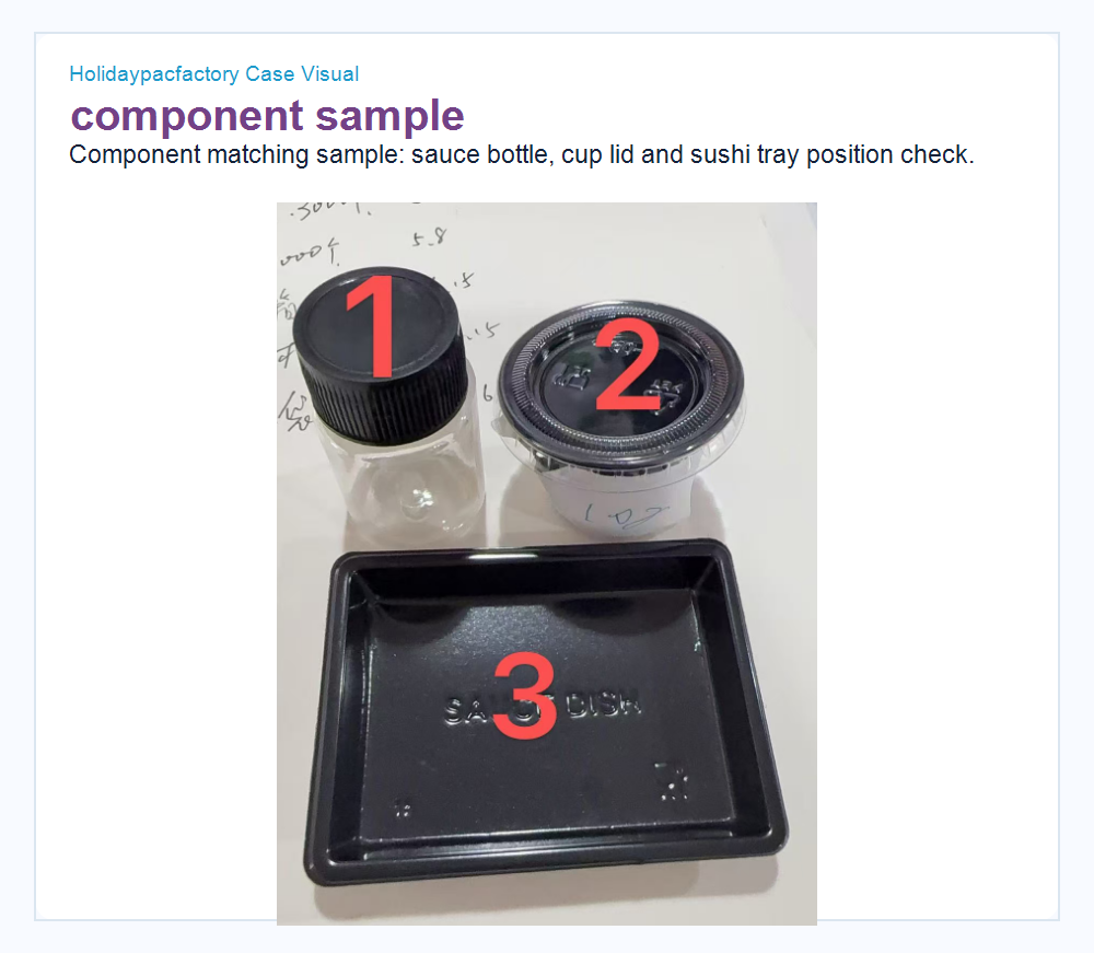 Holidaypacfactory holidaypac factory custom sushi packaging case study component sample matching sauce bottle cup lid and sushi tray