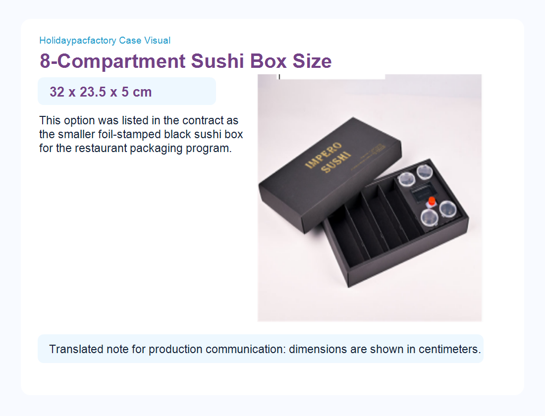 Holidaypacfactory holidaypac factory custom sushi packaging case study 32 x 23.5 x 5 cm 8 compartment sushi box