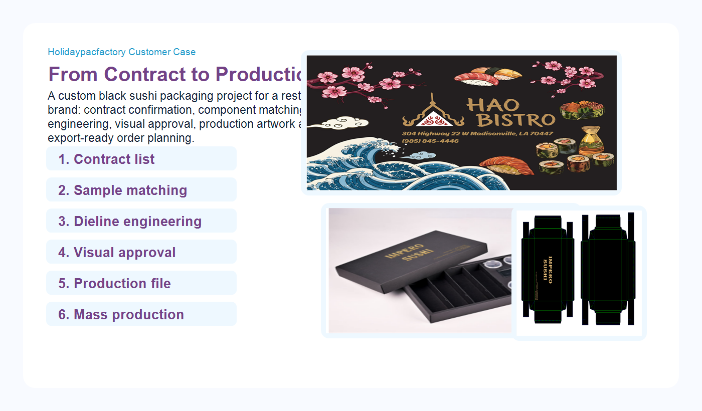 Holidaypacfactory holidaypac factory custom sushi packaging case study from contract to production hero image
