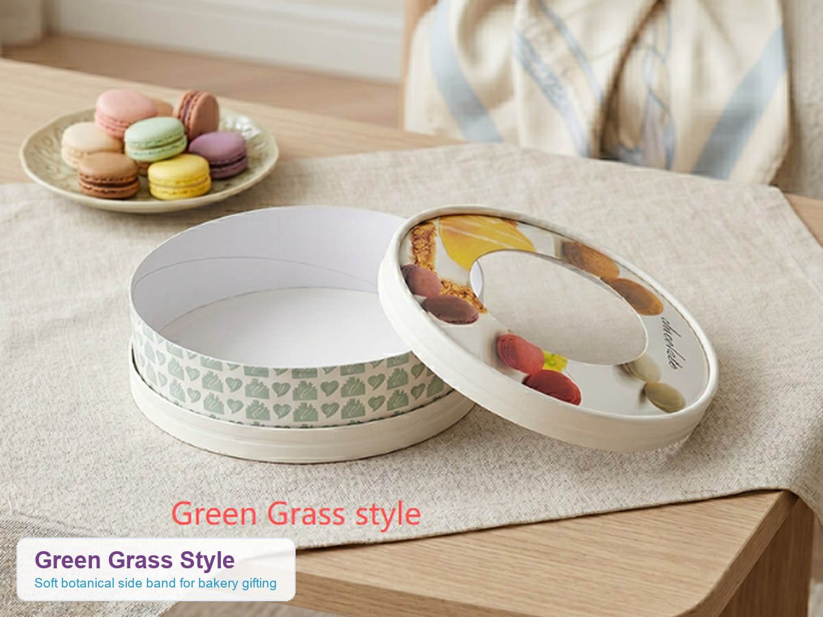 Holidaypacfactory holidaypac factory round paper macaron chocolate box the green grass style image shows how the open paper box can feel natural, calm and gift-ready.