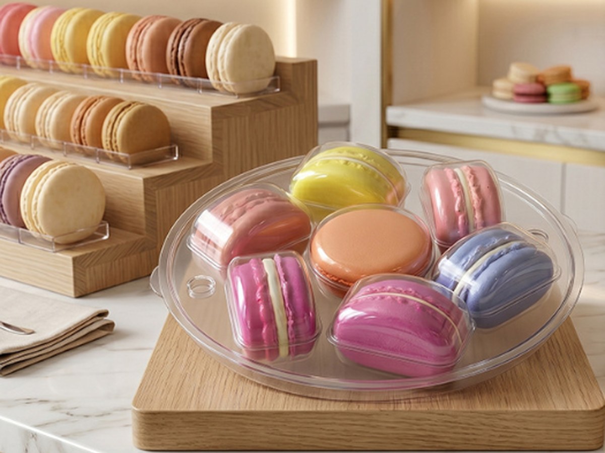 Holidaypacfactory holidaypac factory round paper macaron chocolate box the clear tray shows colorful macarons held in individual positions for a stronger top-view presentation.