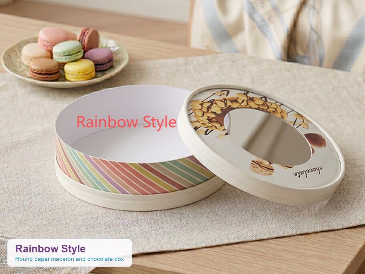 Holidaypacfactory holidaypac factory round paper macaron chocolate box rainbow style uses a colorful side band and dessert-printed lid for a cheerful bakery gift feeling.