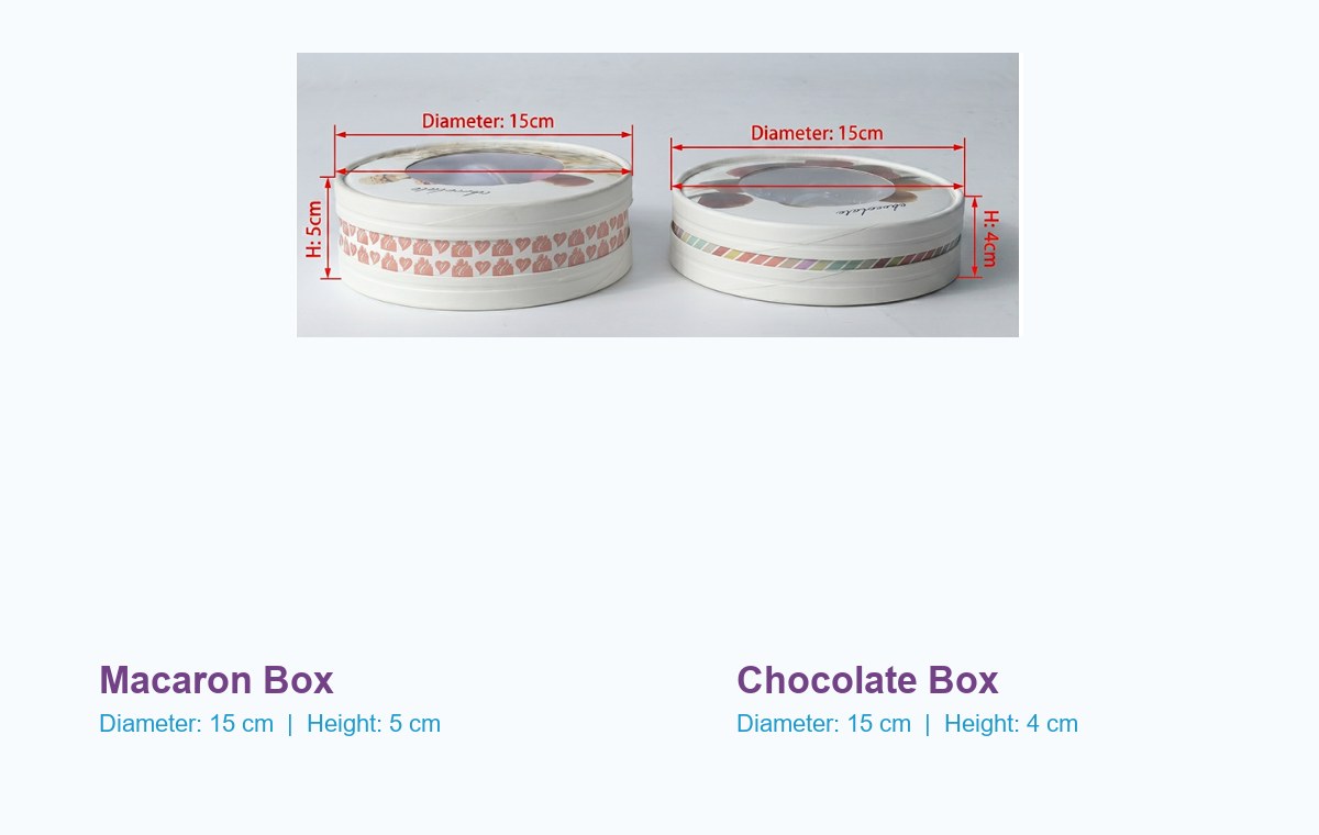 Holidaypacfactory holidaypac factory round paper macaron chocolate box the cleaned specification image shows 15 cm diameter x 5 cm for macarons and 15 cm diameter x 4 cm for chocolates.