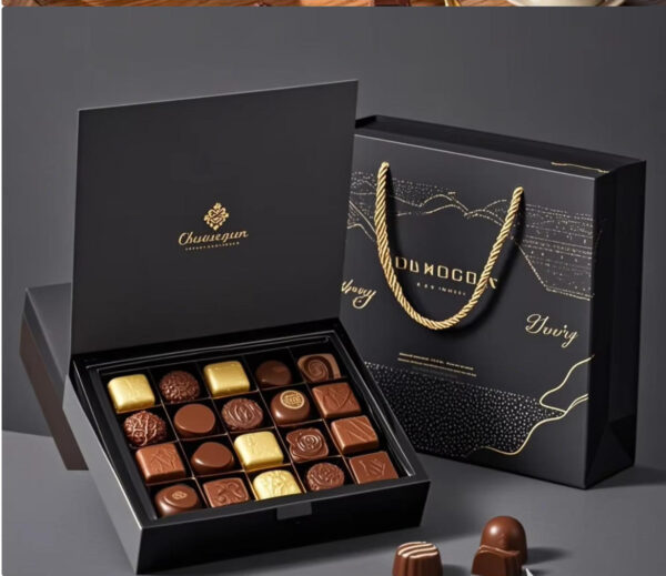Holidaypacfactory black magnetic chocolate box with matching gift bag and gold rope handle