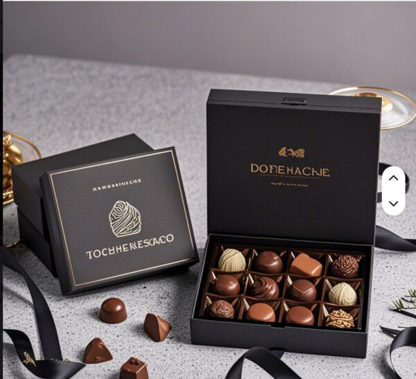 Holidaypacfactory black chocolate box and boutique gift bag with praline assortment