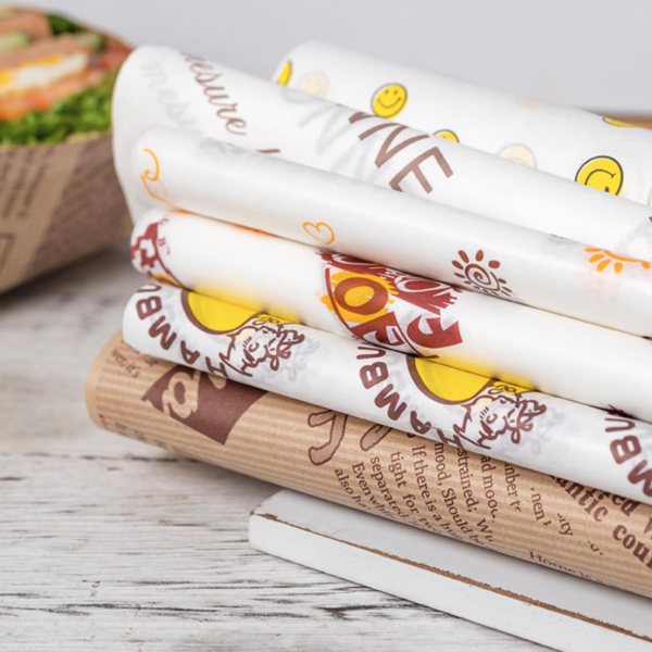 Holidaypacfactory custom printed sandwich wrapping paper styles stacked for foodservice supply