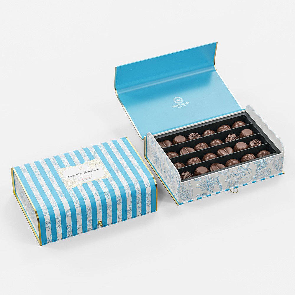 Holidaypacfactory blue striped chocolate gift box packaging opening structure view