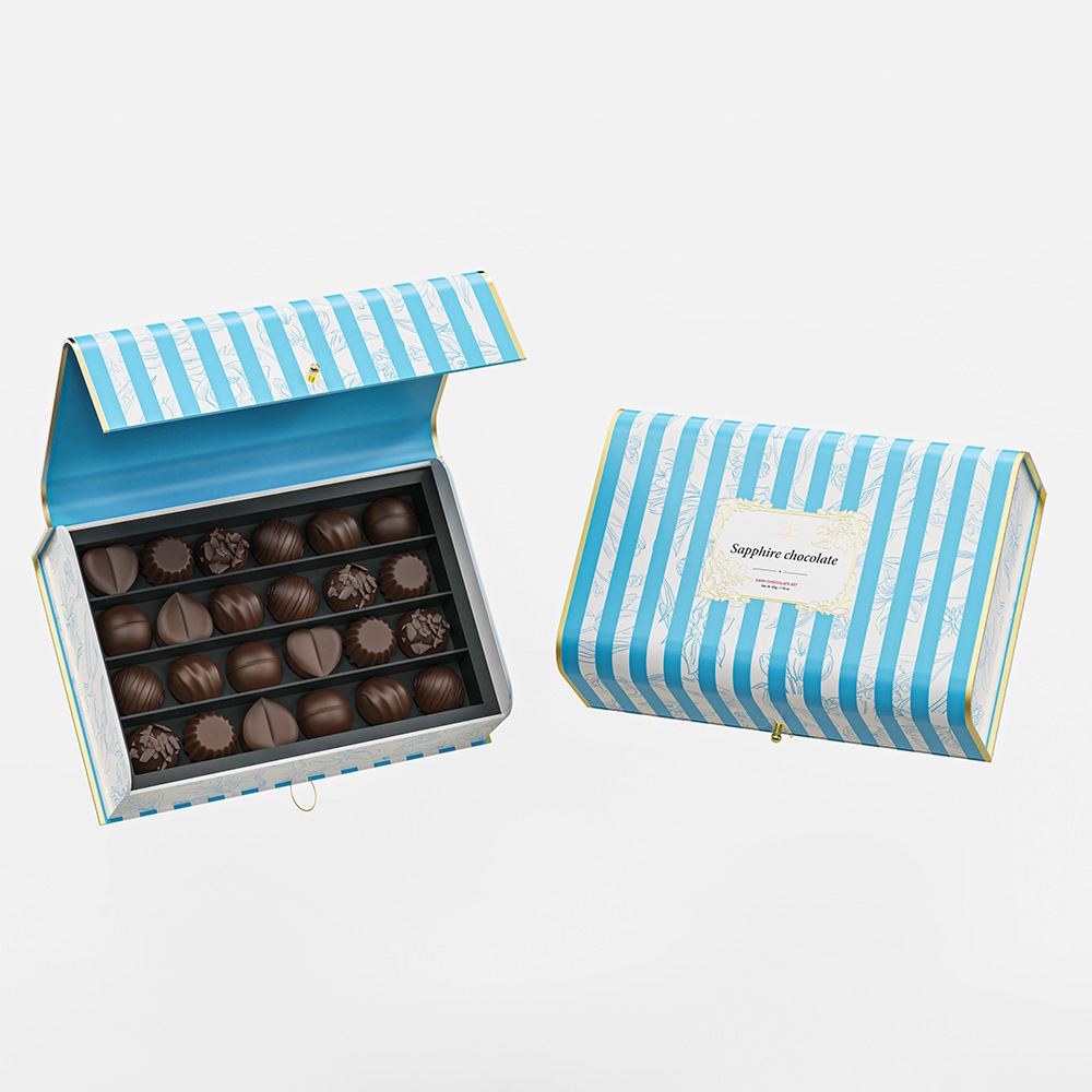 Holidaypacfactory blue striped chocolate gift box packaging main product view