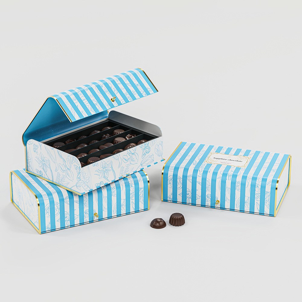 Holidaypacfactory blue striped chocolate gift box packaging display presentation