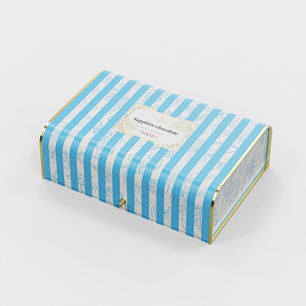 Holidaypacfactory blue striped chocolate gift box packaging material and surface detail