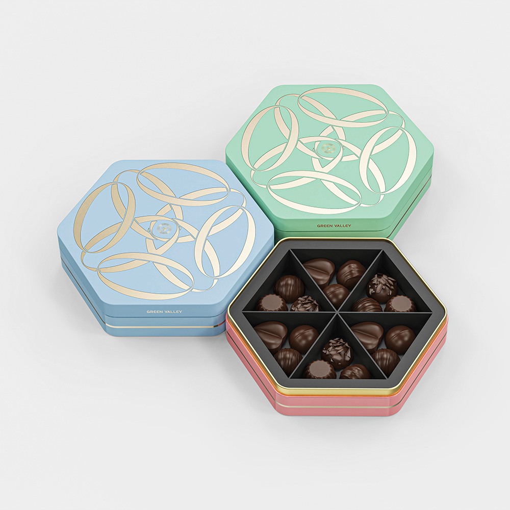 Holidaypacfactory colorful hexagon chocolate gift box packaging opening structure view