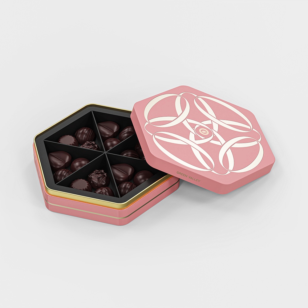 Holidaypacfactory colorful hexagon chocolate gift box packaging material and surface detail