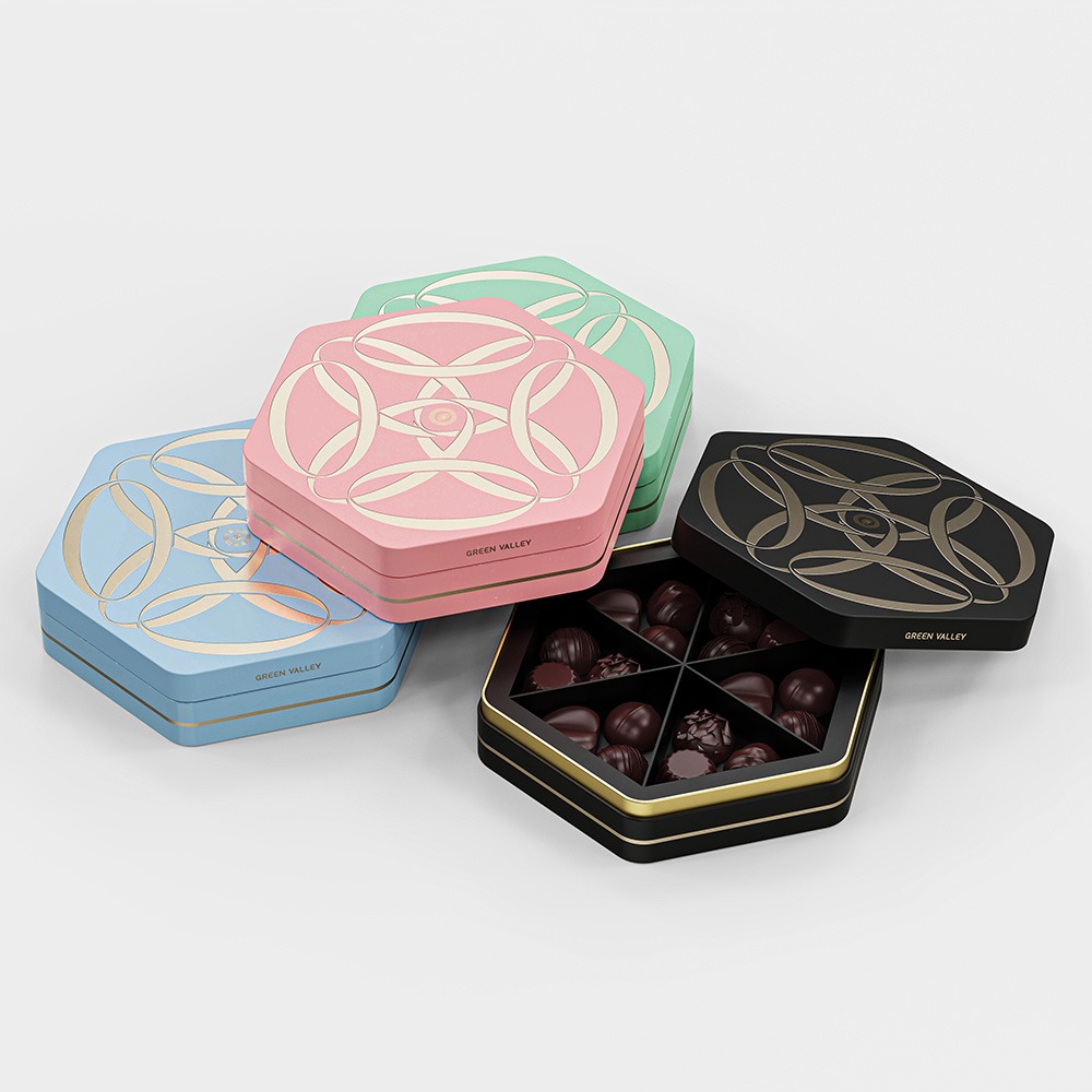 Holidaypacfactory colorful hexagon chocolate gift box packaging display presentation
